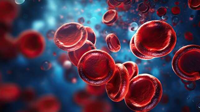 Close-up of blood cells, erythrocytes, and macrophages with a blue background in a horizontal format in a Medical/Science-themed, photorealistic illustration in JPG. Generative ai