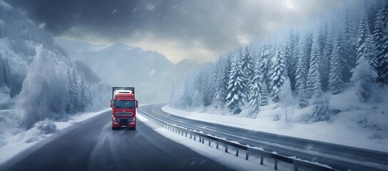 a logistics delivery vehicle truck driving with speed on a snowy road