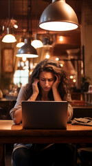 A woman with brown hair sits at a table in a coffee house, her laptop placed in front of her. Expressing frustration, she lowers her head into her hands