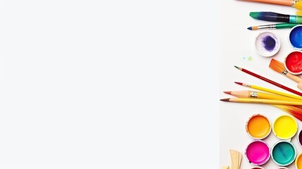  Artist paints, pencils, and tools on a white background with room for copy, in a horizontal format in an Art lesson-themed, photorealistic illustration in JPG. Generative ai