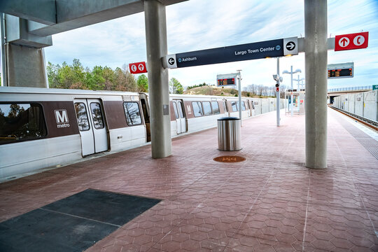 Subway cars of the Washington Metro. New underground station in Ashbourne.