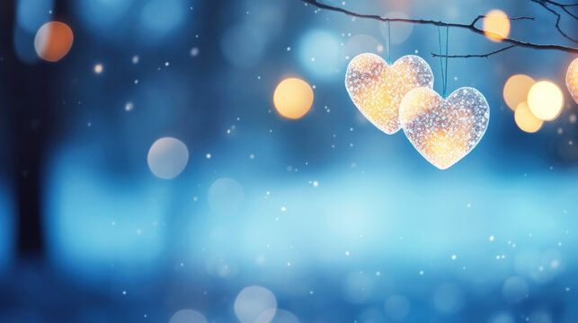 Charming winter romance scene with two lighting heart-shaped ornaments, hanging from bare branch, contrasting with the cool blue tones, romantic event Valentine day, Love and warmth in cold season