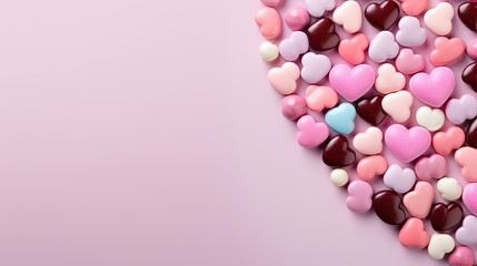 colorful candy hearts on a lavender background with room for copy in a Valentine/Mother's Day-themed, horizontal format of photorealistic illustration in JPG. Generative ai
