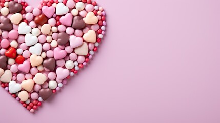 colorful candy hearts on a lavender background with room for copy in a Valentine/Mother's Day-themed, horizontal format of photorealistic illustration in JPG. Generative ai