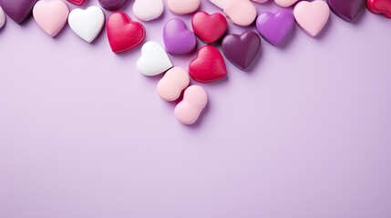 colorful candy hearts on a lavender background with room for copy in a Valentine/Mother's Day-themed, horizontal format of photorealistic illustration in JPG. Generative ai