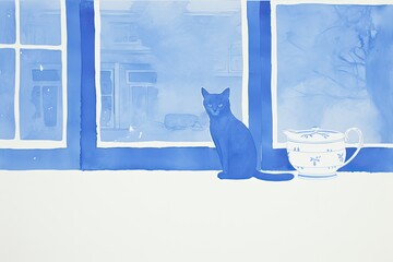 a Cat on a window sill with vase/cup, watercolor/linocut print in china blue in a horizontal format in a Pet-themed, photorealistic illustration in JPG. Generative ai