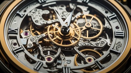 the interior of a watch, the movement, or an intricate timepiece in a horizontal format in a mechanical-themed, photorealistic illustration in JPG. Generative ai