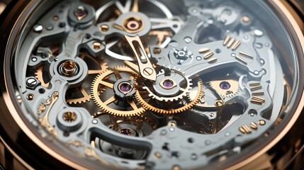 the interior of a watch, the movement, or an intricate timepiece in a horizontal format in a mechanical-themed, photorealistic illustration in JPG. Generative ai