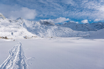 Snowy landscape in the alps of Valchiavenna in Montespluga village