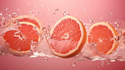 Pink grapefruits and sliced pink grapefruits with juicy splashes, on a pink background in a Fruit-themed, horizontal format of photorealistic illustration in JPG. Generative ai