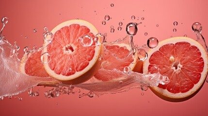 Pink grapefruits and sliced pink grapefruits with juicy splashes, on a pink background in a Fruit-themed, horizontal format of photorealistic illustration in JPG. Generative ai