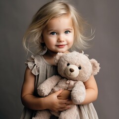 a little blonde-haired, 2-year-old girl, hugging her teddy bear with a mid-tone background in a square format in a sweet innocent -themed, photorealistic illustration in JPG. Generative ai