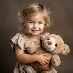a little blonde-haired, 2-year-old girl, hugging her teddy bear with a mid-tone background in a square format in a sweet innocent -themed, photorealistic illustration in JPG. Generative ai