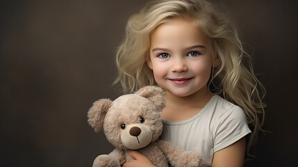 a little blonde-haired, 4-year-old girl, hugging her teddy bear with a mid-tone background in a horizontal format in a sweet innocent -themed, photorealistic illustration in JPG. Generative ai