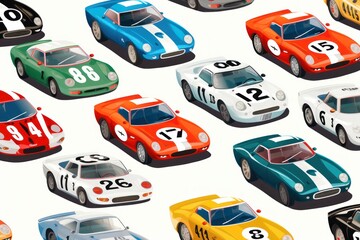 pattern of retro race cars with vibrant decals and numbers on a white background