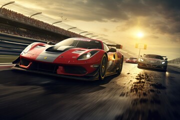 wallpaper featuring luxury sports cars in action on a racetrack - obrazy, fototapety, plakaty