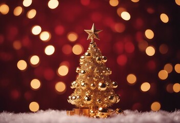 Golden Christmas Tree In Red Festive Background