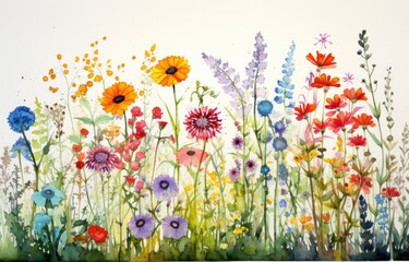 garden flowers of various types in a detailed watercolor floral illustration in a Spring-themed, horizontal format of photorealistic illustration in JPG. Generative ai