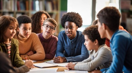 In a diverse classroom, photo of an very young black student attentively participates in a teacher's lesson. The scene captures a dynamic and inclusive educational environment.