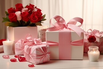 gifts for Valentine's Day, decorated with flowers, candles emphasizing the romantic atmosphere around