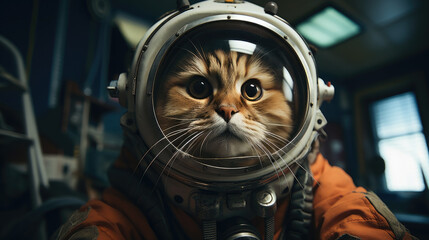 cute fluffy domestic cat in a space suit and astronaut helmet in the room, pet, feline, kitten, wool, pilot, masquerade, character, fun, game, mammal, breed, robot, science, eyes, cosmonautics day - obrazy, fototapety, plakaty