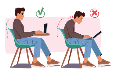 Man Bad and Good Poses for Working on Pc. Wrong, Hunched Back And Cramped Shoulders. Proper, Straight Back