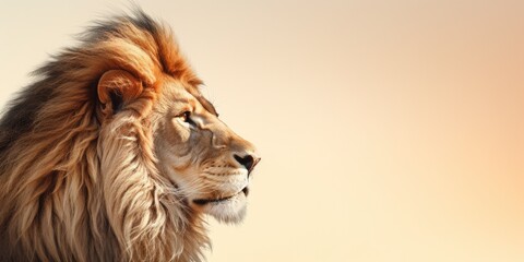 a male Lion, side profile at sunrise, in a horizontal format with room for copy in a Nature banner-themed, photorealistic illustration in JPG. Generative ai
