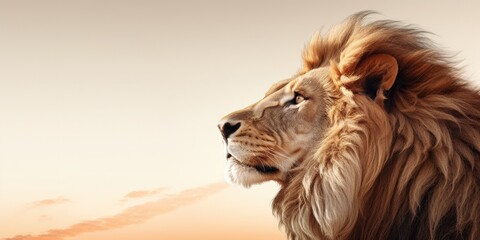 a male Lion, side profile at sunrise, in a horizontal format with room for copy in a Nature banner-themed, photorealistic illustration in JPG. Generative ai