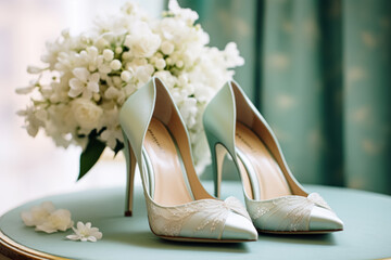 Elegant ivory bridal shoes with lace detail, set against a backdrop of white flowers and teal curtains. - obrazy, fototapety, plakaty