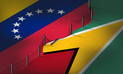 Isometric vector. Flags of Venezuela and Guyana against the background of a fence or wall with barbed wire. Crisis in relations between countries. Border war for resources