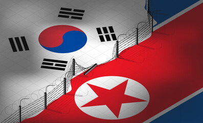 Isometric vector. Flags of South Korea and North Korea against the background of a fence or wall with barbed wire. Crisis in relations between countries. border war