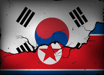 Flags of South Korea and the Democratic People's Republic of Korea against the background of a wall with cracks. Crisis and war between countries. Political dialogue