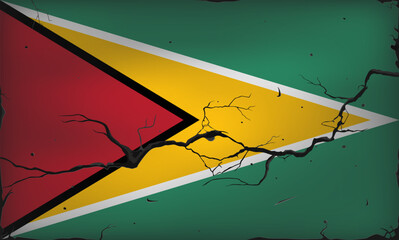 A crack in the wall with the Guyana flag in the background. A crisis in the country, a humanitarian catastrophe. War with Venezuela. Political negotiations, sanctions and economic problems.