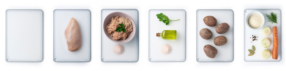 Ingredients for making chicken soup, top view - obrazy, fototapety, plakaty