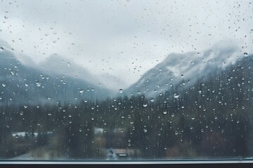 view of snowy mountains from the window with rainwater droplets