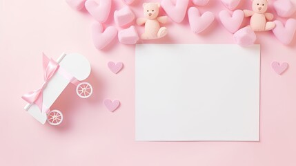 small pink hearts on a pastel pink background with various gift items in a Valentine-themed, horizontal format of photorealistic illustration in JPG. Generative ai