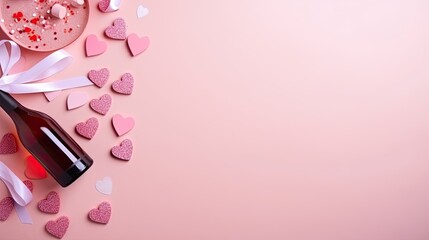 small pink hearts on a pastel pink background with various gift items in a Valentine-themed, horizontal format of photorealistic illustration in JPG. Generative ai