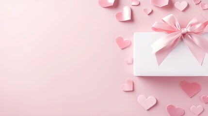  small pink hearts on a pastel pink background with various gift items in a Valentine-themed, horizontal format of photorealistic illustration in JPG. Generative ai
