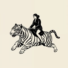 a girl/woman riding a tiger in a simple linocut/graphic print, JPG illustration. Generative ai