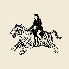 Fototapeta premium a girl/woman riding a tiger in a simple linocut/graphic print, JPG illustration. Generative ai