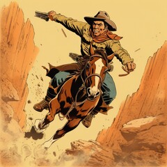a horizontal layout, of a Cowboy, on a galloping horse in an old west-style composition in a Western-themed JPG format, cartoon Illustration. Generative ai - obrazy, fototapety, plakaty