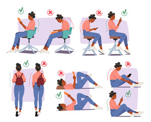 Woman Perform Wrong And Right Body Postures For Reading, Using Smartphone And Carrying Rucksack, Vector Illustration