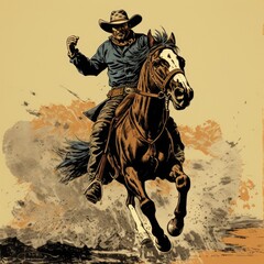 a horizontal layout, of a Cowboy, on a galloping horse in an old west-style composition in a Western-themed JPG format, cartoon Illustration. Generative ai
