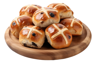Hot cross bun in the wooden plate isolated.
