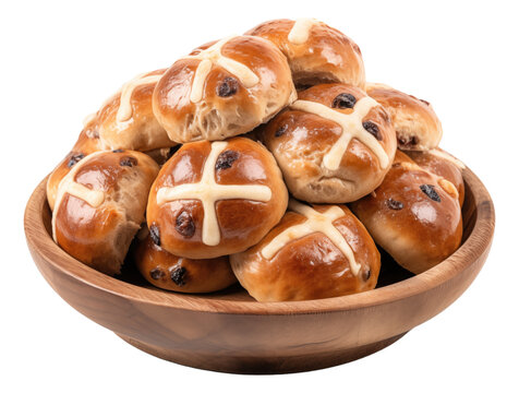 Hot cross bun in the wooden plate isolated.