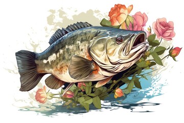 a Largemouth Bass swimming, with leaves and flowers, in clip art, top side view, fishing-themed, horizontal format of photorealistic illustration in JPG.  