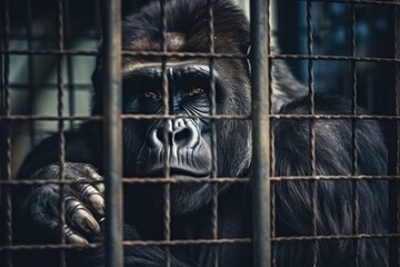Gorilla locked in cage. Skinny lonely monkey in cramped cage behind bars with sad look. Ideal for...