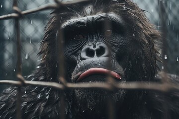 Gorilla locked in cage. Lonely monkey in cramped cage behind bars with sad look. Ideal for use in articles about animal rights, wildlife conservation, animal welfare and the conditions of zoos. - obrazy, fototapety, plakaty