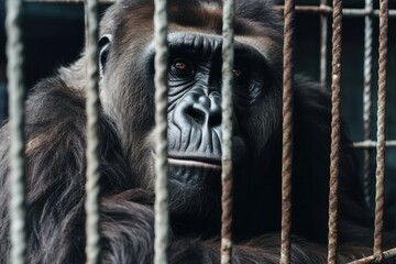 Gorilla locked in cage. Skinny lonely monkey in cramped cage behind bars with sad look. Ideal for use in articles about animal rights, wildlife conservation, animal welfare and the conditions of zoos.