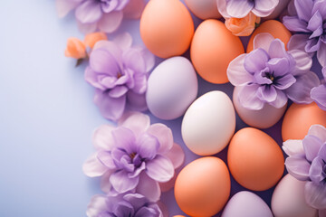Easter composition with a pleasing contrast of orange eggs and lilac flowers against a soft blue background, blending warmth with cool spring tones.